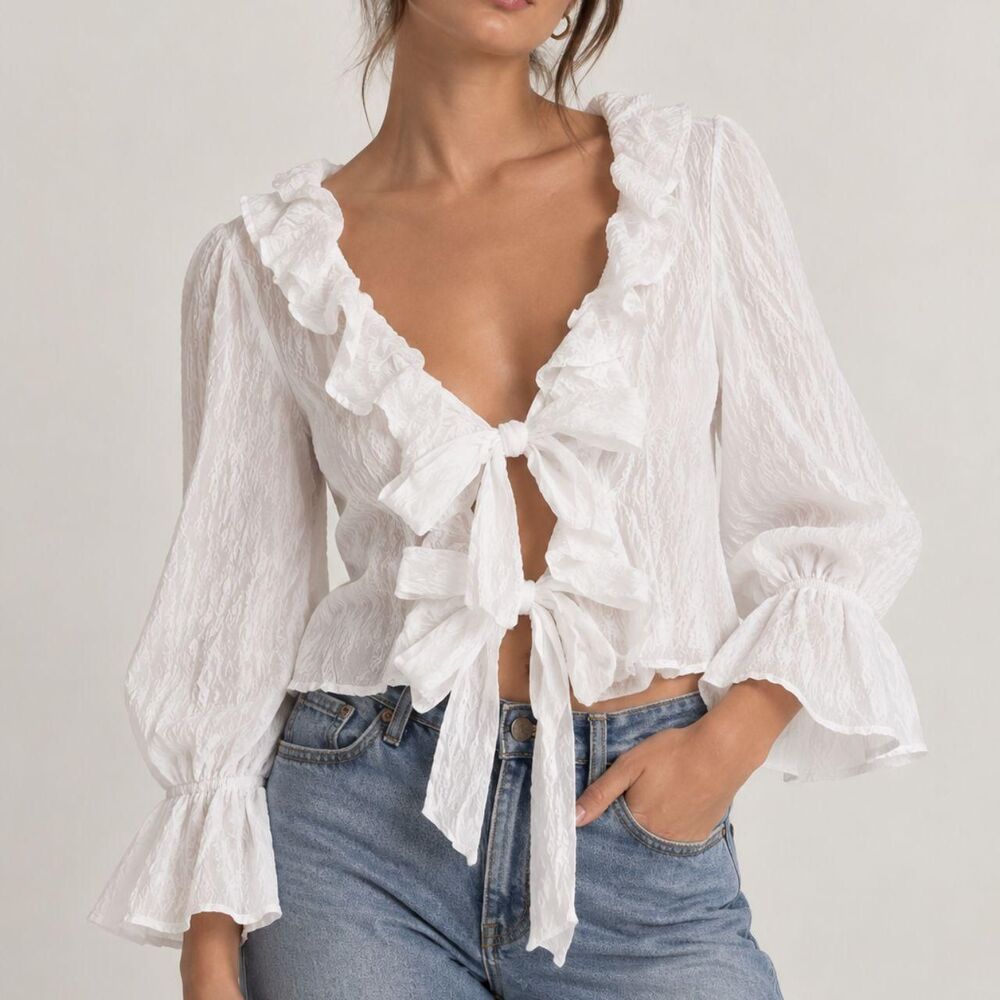 ASOS Ivory Ruffle Tie-Front Crop Top š¤ - Picture 2 of 7